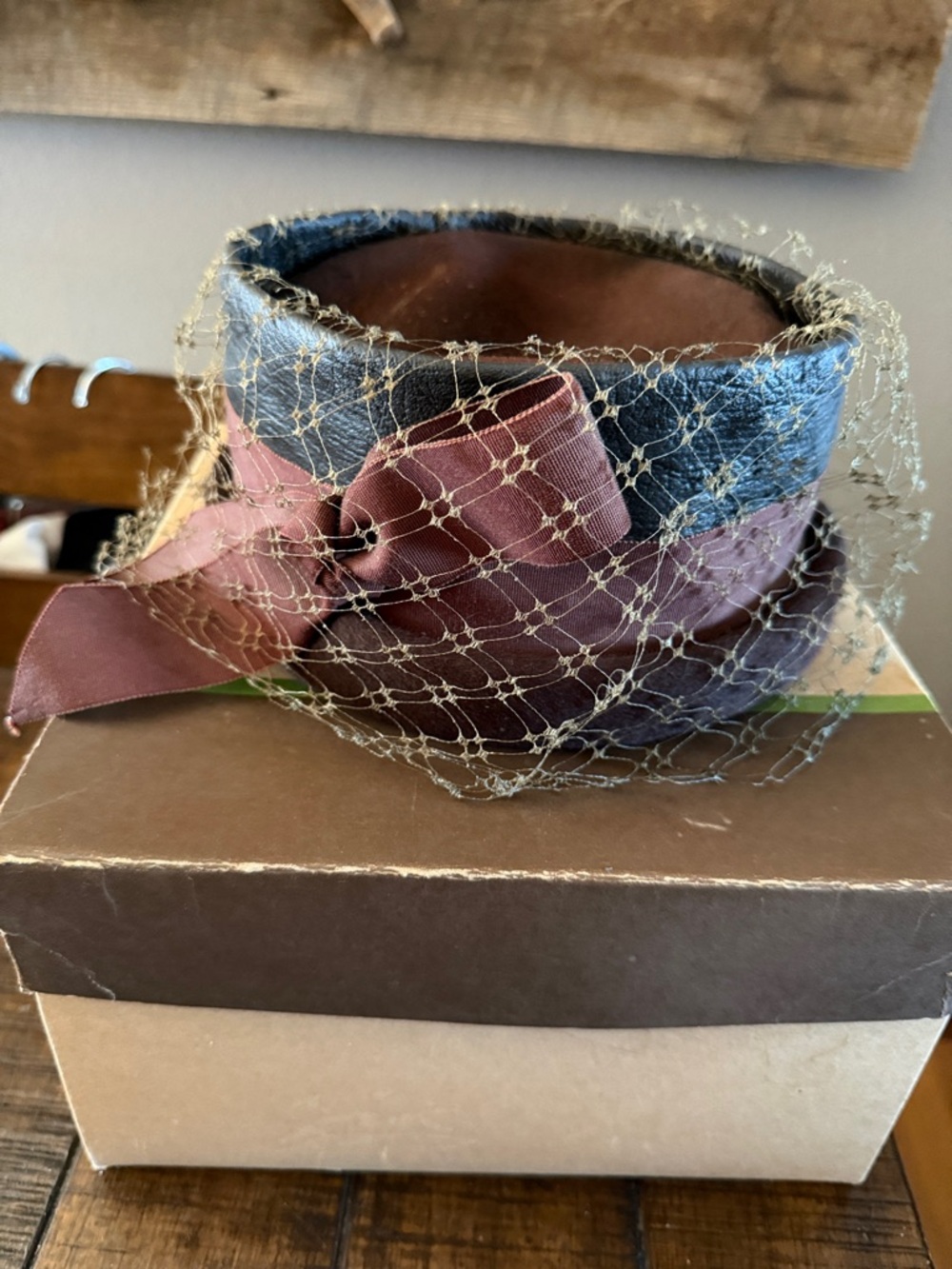 Black and Brown Veil Bow Pillbox Hat